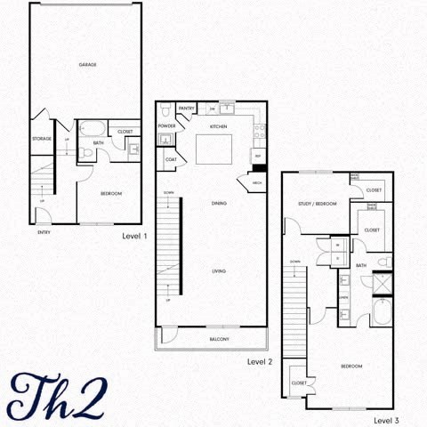 A floor plan of a three-story residential building with labeled rooms.